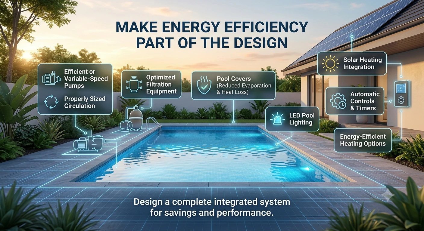 Energy-efficient swimming pool with solar panels and pool cover