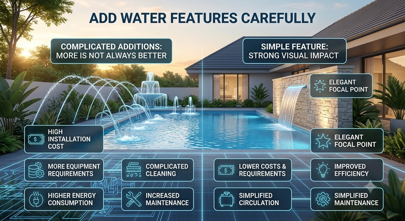 Modern swimming pool with elegant waterfall and water feature