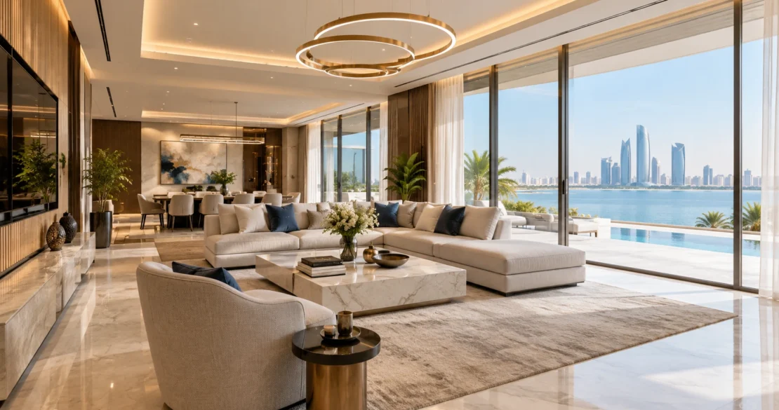 Luxury villa fit-out in Abu Dhabi featuring an elegant modern living room