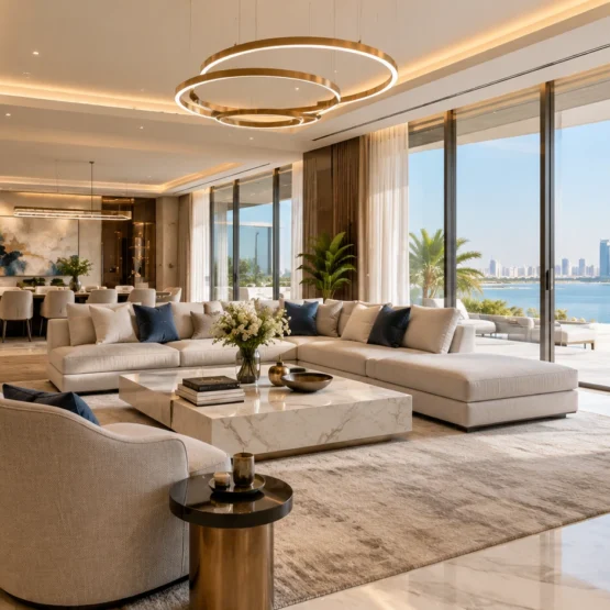 Luxury villa fit-out in Abu Dhabi featuring an elegant modern living room
