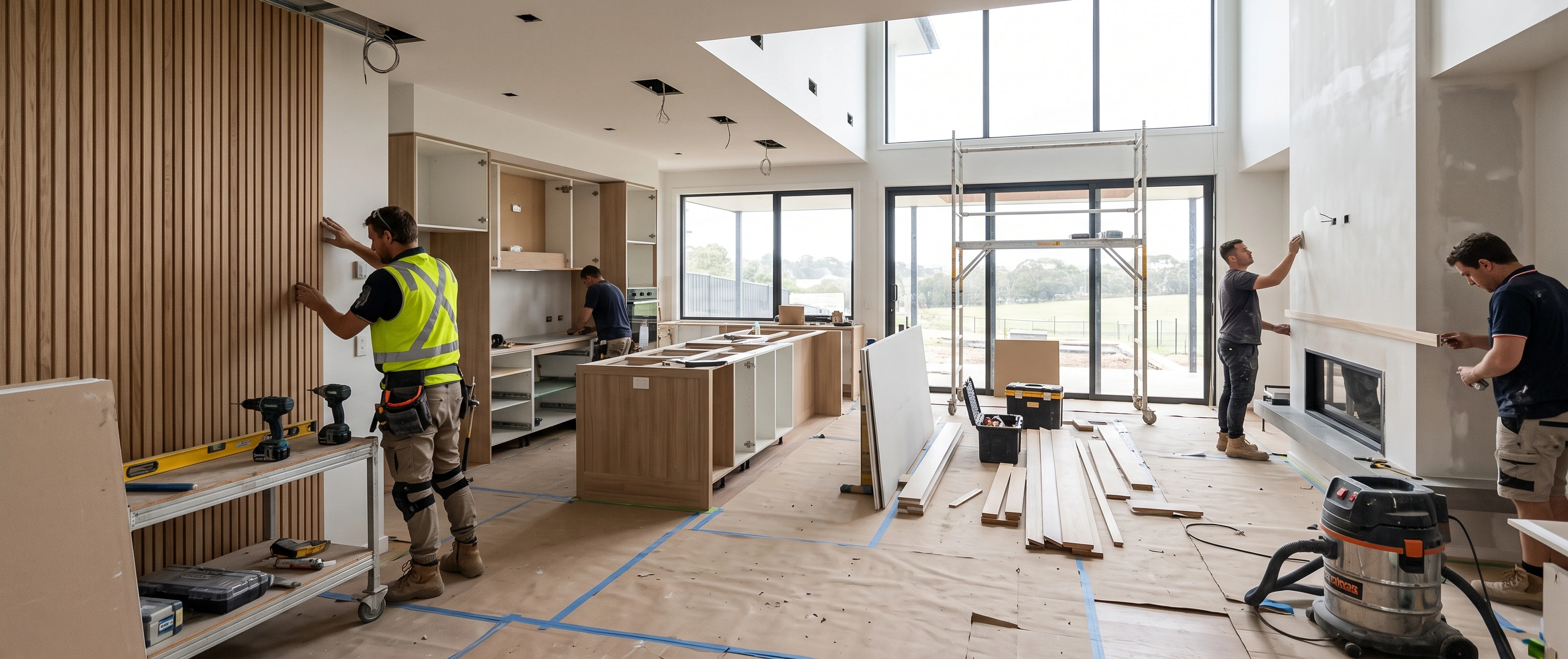 Luxury villa fit-out materials including natural stone, porcelain tiles, timber and neutral finishes