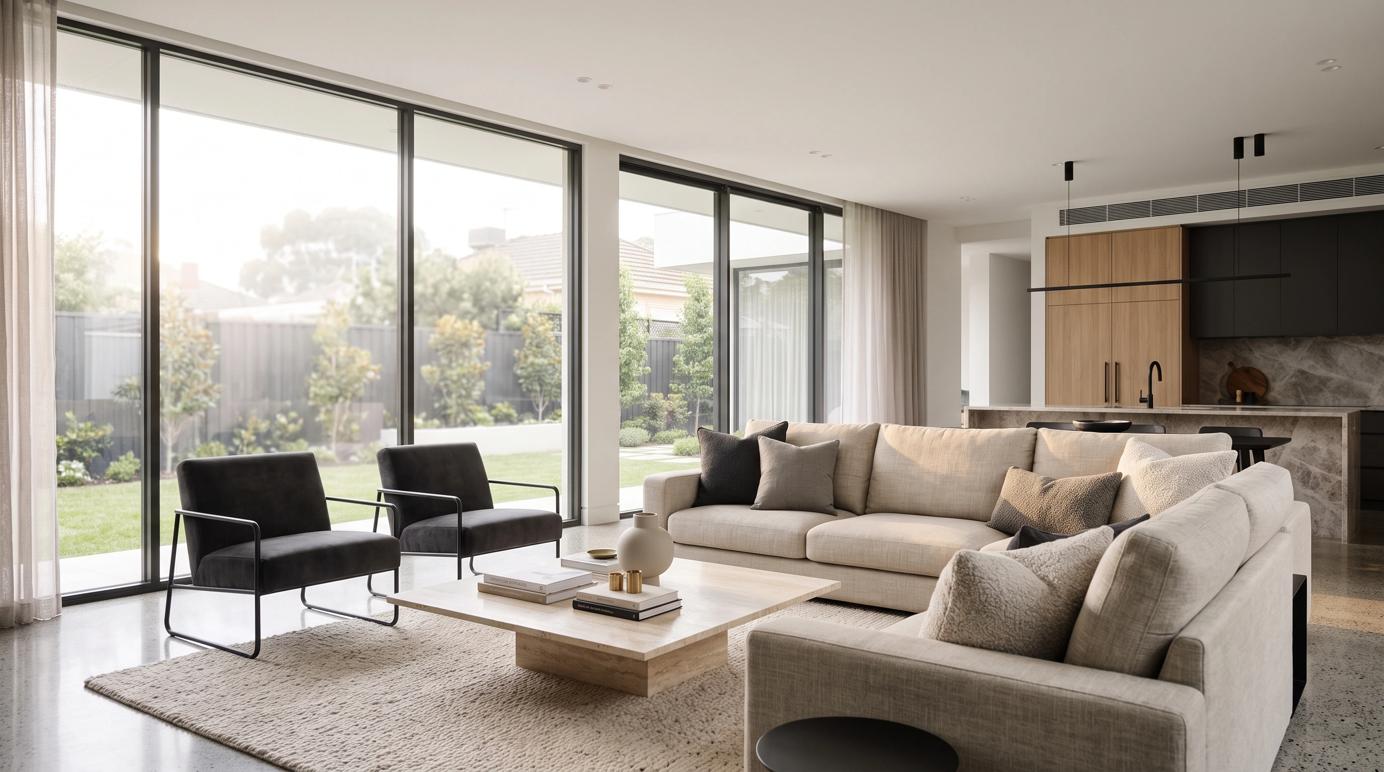 Luxury villa fit-out in Abu Dhabi featuring a modern living room with elegant finishes