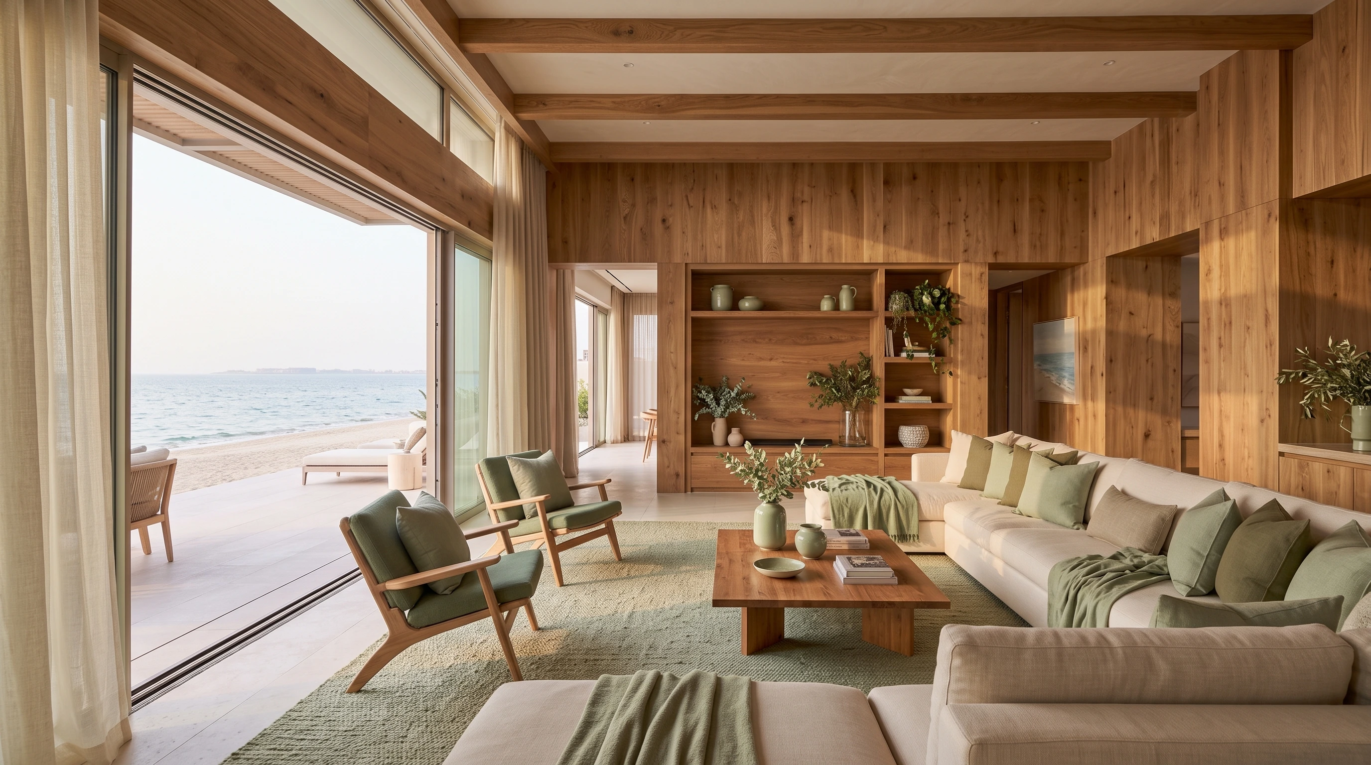 Sage green and natural wood villa interior in Jumeirah
